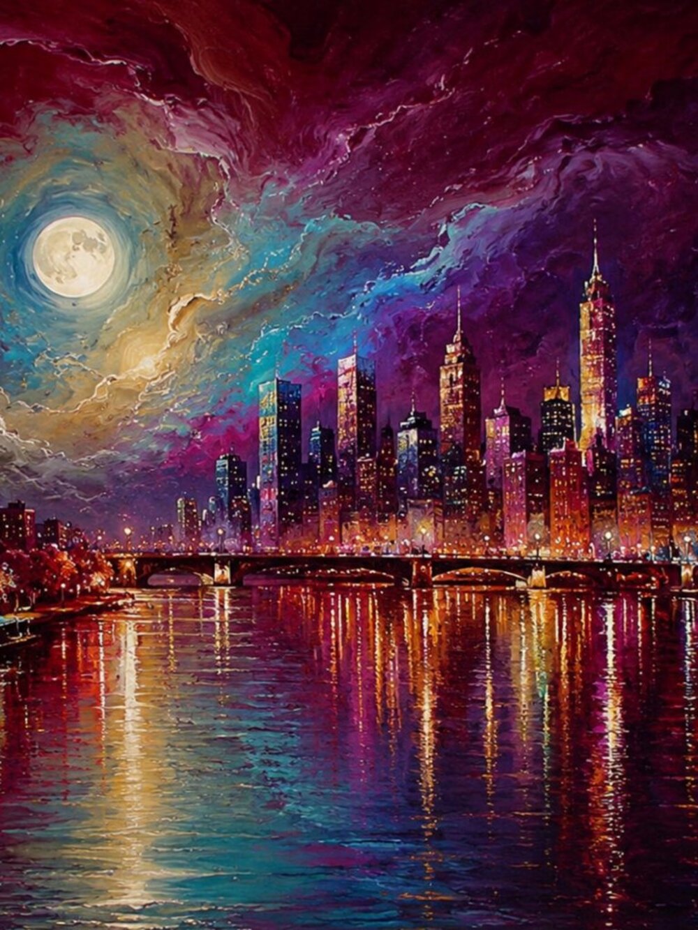 Celestial Metropolis 36x24 Print Crimson Turquoise City Wall Art